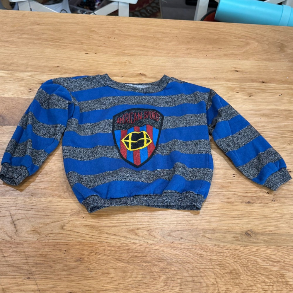 Vintage 90s American Sports Striped Sweatshirt Kids 2T Blue Gray Pullover Fall